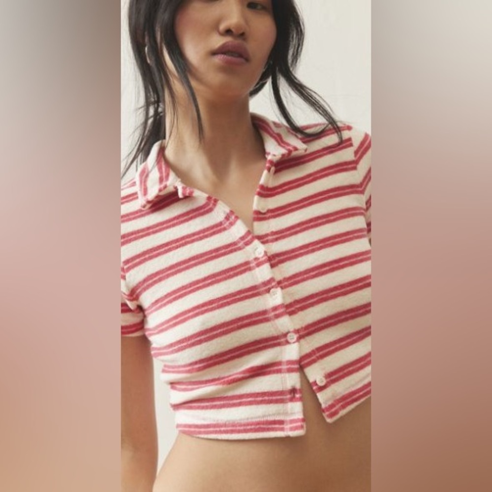New UO Out From Under Airy Terry Cropped Polo Shirt- Pink